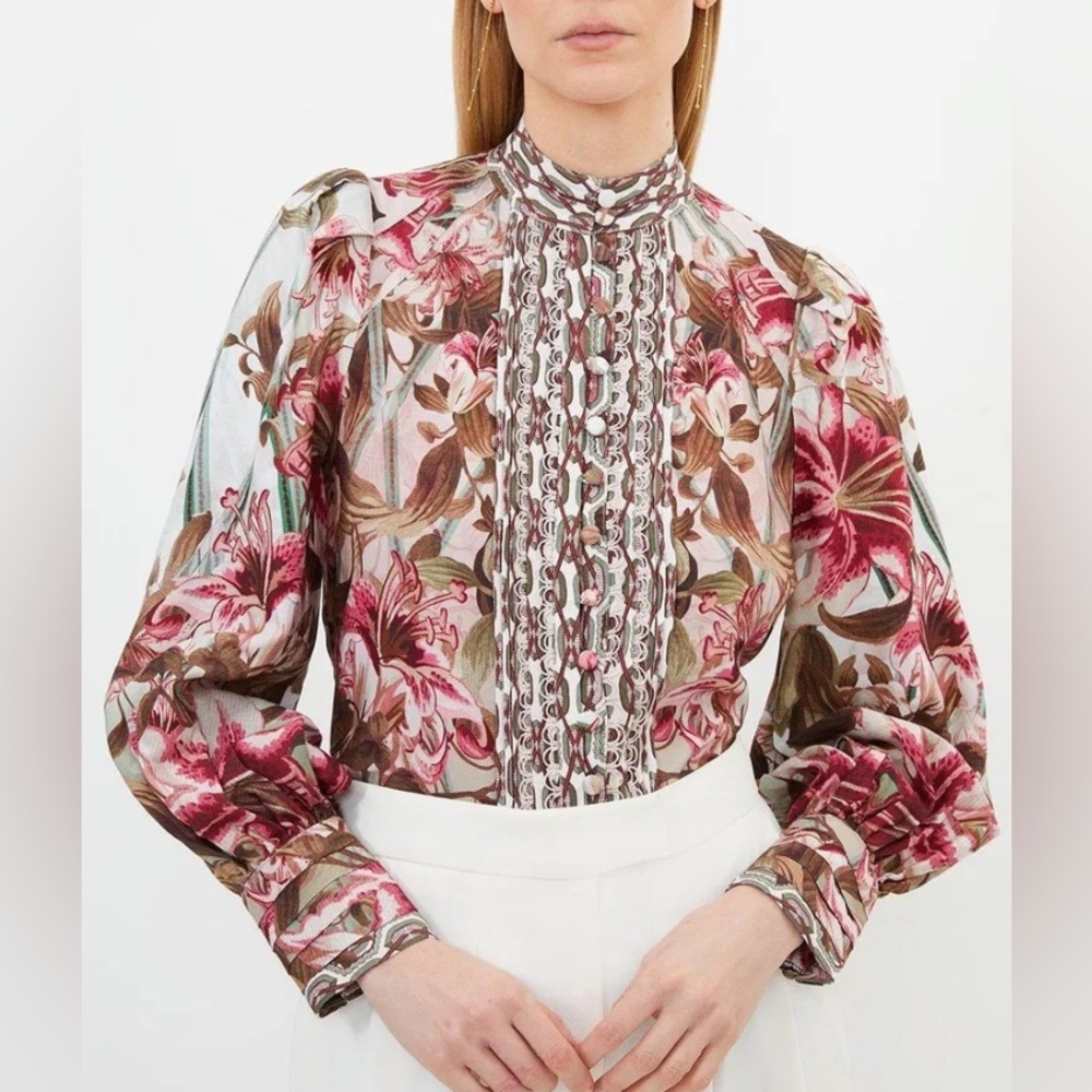 NEW Karen Millen Linen Viscose Border Print Floral Woven Blouse 6